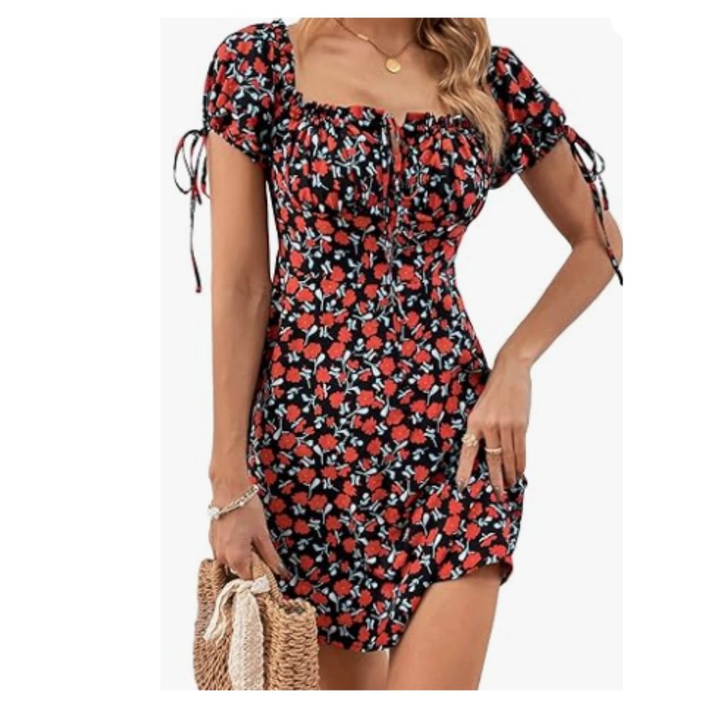 NWT Floral Print Off Shoulder Puff Sleeve Tie Front Short Flared Dress